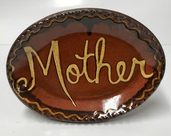 Smith Redware - Handcrafted Slab Plate - Folk Art, Made in USA, Slipware, Primitive, Oval, Mother, Quilling