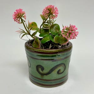 May include: A small, decorative ceramic pot with a green and brown design, holding a plant with pink flowers and green leaves. The pot has a wavy pattern and is approximately 4 inches tall.