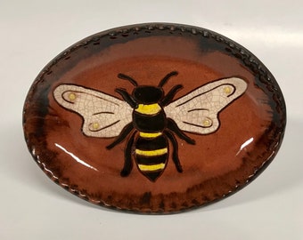 Smith Redware - Handcrafted, Sgraffito Decorated Plate, Primitive, Folk Art, Made in USA, Crackle Glaze, Bees, Beeskep, Bumble Bee, Oval