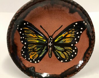 Smith Redware - Handcrafted, Sgraffito Decorated Plate, Primitive, Folk Art, Made in USA, Crackle Glaze, Monarch, Butterfly, Spring