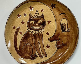 Smith Redware - Slab Plate, Halloween Plate, Folk Art, Made in USA, Crackle, Fall, Primitive, Black Cat, Moon