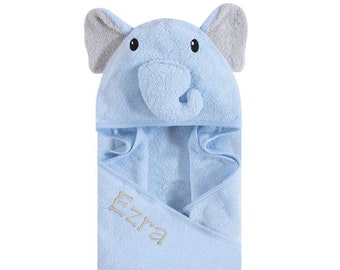 Personalized Blue Elephant Hooded Infant Towel with FREE SHIPPING: Unique baby name gift, Custom newborn gift