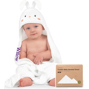 Keababies Personalized Bamboo Organic Hooded Baby Towel, Infant Baby Boy and Girl Gifts, ultra soft organic toddler towel, cashmere soft, character animal towel, White Bunny Organic Soft Bamboo Infant Baby towel