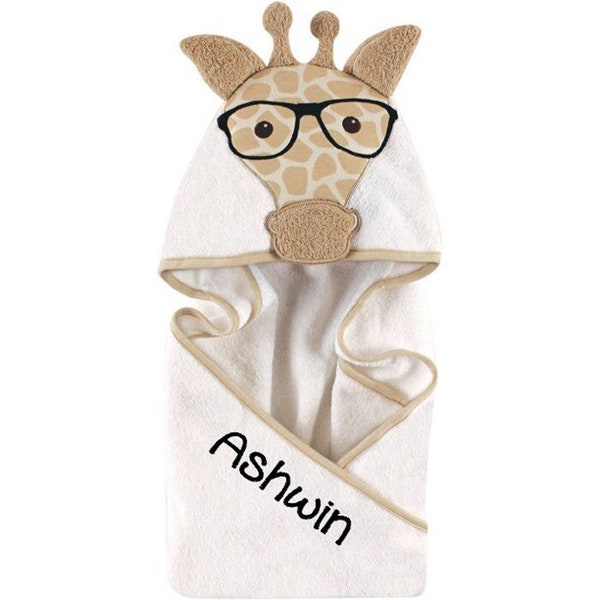 Personalized Nerdy Giraffe Hooded Infant Towel with FREE SHIPPING: Unique baby name gift, Custom newborn gift