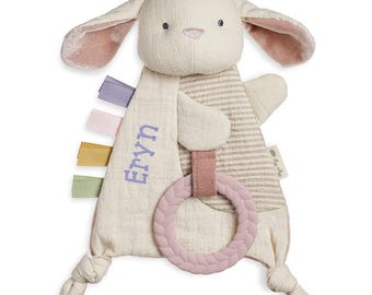 Personalized Pink Bunny Baby Lovey Gift: Crinkle Toy, Baby name security blanket, custom newborn lovie