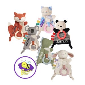 Personalized Animal  Baby Lovey Gifts: 6 unique baby name security blankets, custom newborn lovies, Crinkle Toy