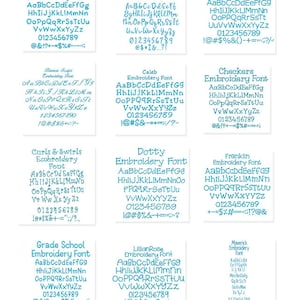 A list of nine different available embroidery font styles. Each font style is displayed with the alphabet, numbers, and punctuation marks. The font styles are: Animation, Beachwood, Bernie, Blanca Script, Caleb, Checkers, Curls & Swirls, Dotty, Franklin, Grade School, Lillian Rose, and Maverick. These fonts can be used for personalization in a variety of thread colors.