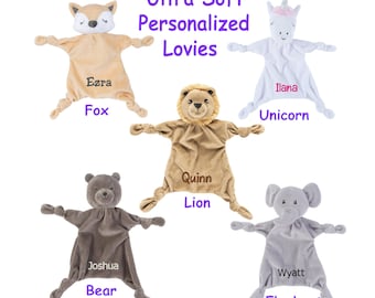 Personalized Animal Security Blanket Lovey Gifts: 5 unique baby name lovies, custom newborn blankie comforter