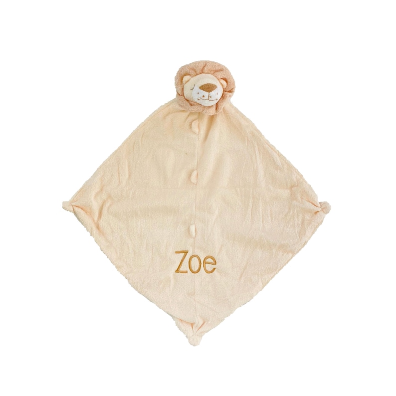Personalized Angel Dear lion baby lovey, cashmere-soft fabric, lightweight and cozy design for newborns and toddlers. Lightweight and travel-friendly – perfect for diaper bags and strollers. Each lovie is carefully packaged and ready for gifting.
