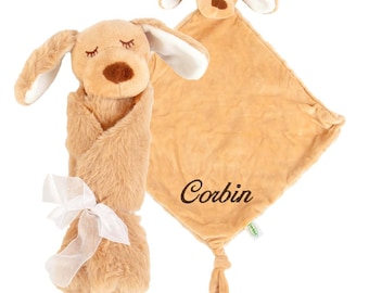 Personalized Tan Puppy Lovey: Embroidered Baby Security Blanket
