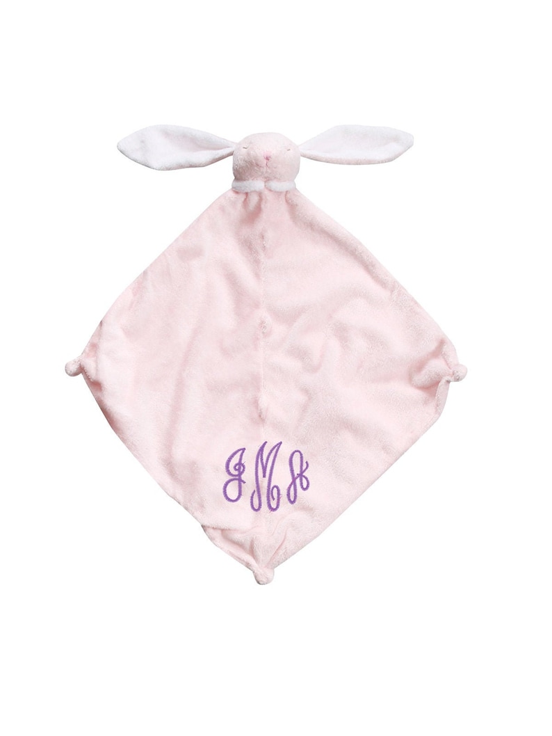 Personalized Angel Dear pink bunny baby lovey, cashmere-soft fabric, lightweight and cozy design for newborns and toddlers. Lightweight and travel-friendly – perfect for diaper bags and strollers. Each lovie is carefully packaged and ready for gifting.