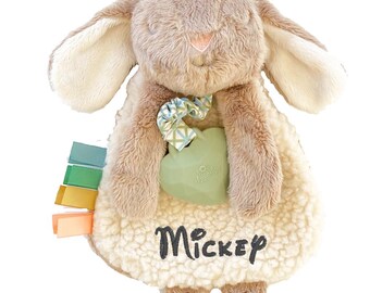 Personalized Taupe Bunny Baby Lovey Gift: Baby name security blanket, custom newborn lovie, toy & teether