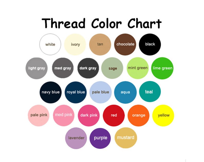 Thread color chart with 21 color swatches. The colors are: white, ivory, tan, chocolate, black, light gray, medium gray, dark gray, sage, mint green, lime green, navy blue, royal blue, pale blue, aqua, teal, pale pink, medium pink, dark pink, red, orange, yellow, lavender, purple, and mustard.