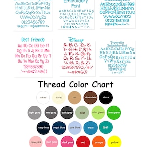 May include: A chart displaying various embroidery fonts and thread colors. The fonts include "Sammy," "Simplicity," "Studmuffin," "Best Friends," "Disney," and "Typewriter." The thread color chart features a range of colors, including white, black, and various shades of pink, blue, and green.