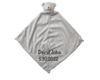 Personalized Angel Dear Gray Bear Baby Lovey Gift: Unique baby name security blanket, Custom new born lovie