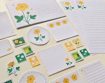 Printable buttercup letter writing set - penpal paper & envelope kit digital happy mail snail mail ephemera pack flower spring cottagecore
