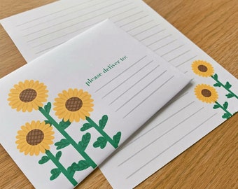 Set di lettere stampabili con girasoli - kit di carta e buste per corrispondenza, set di cancelleria per posta digitale Happy Mail, stampabile Cottagecore