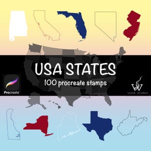 May include: A set of 100 Procreate stamps featuring outlines of all 50 US states. The stamps are designed for use in the Procreate app. The image shows examples of the stamps, including Alabama, California, Florida, Nevada, New Jersey, Delaware, New York, Texas, and West Virginia.