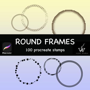 Può includere: Un set di 100 cornici rotonde per Procreate, un'app di arte digitale. Le cornici sono in vari stili, tra cui a pois, a scacchi e a righe. Il testo "ROUND FRAMES" e "100 procreate stamps" è visualizzato al centro dell'immagine.