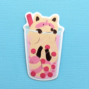 Sticker vinyle Boba raton laveur, sticker imperméable brillant mignon pastel, cadeau jaune raton laveur, remplisseur de bas, amateur de thé aux perles