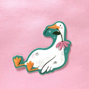 Oie avec fleur, Stickers brillants imperméables, Oie canard triste mignon, cadeau pour amoureux des oies, Sticker fleur rose