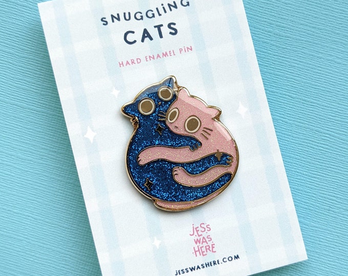 Pink and Blue Snuggling Cats Hard Enamel Pin, Cat Lover Gift, Stocking Filler, Love Hug, Glitter Gold Animal Badge