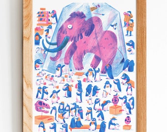 Penguin Museum A4 Art Print, Penguin Lover Gift, Matte Premium Recycled paper, Fun Ice Museum with Mammoth, Search and Find Puffin