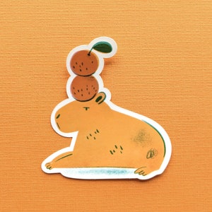 Capybara and Oranges, Capybara Waterproof Stickers, Vinyl Glitter Sticker, Capybara Lover Gift, Grumpy Capybara