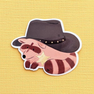 Cowboy Waschbär Aufkleber, glänzende Vinylaufkleber, Sheriff Waschbär mit großem Cowboyhut