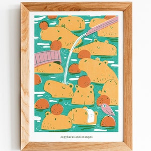 Capybaras & Orangen A5/A4 Kunstdruck, Capybara Liebhaber Geschenk, Archival Matte Premium Papier, Entspannen in einem Onsen Hot Springs