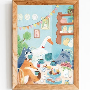 Stampa artistica Tea Party A5/A4, regalo per gli amanti del tè, oca, procione, volpe, gatto, carta opaca di alta qualità, accogliente sala da tè