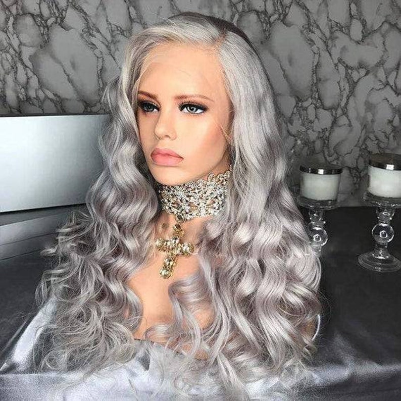 Silver Gray Human Hair Lace Front Wigs Gray Curly Wavy Etsy