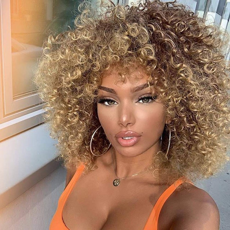Blonde Brown Mixed// Kinky Curly Wig// Exquisite Black Short Etsy