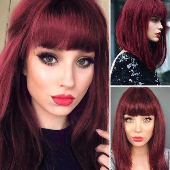 Shoulder Length Dark Red Wigs For Women Bob Wig Bangs Straight Wigs Short Hair Costume Wine Red