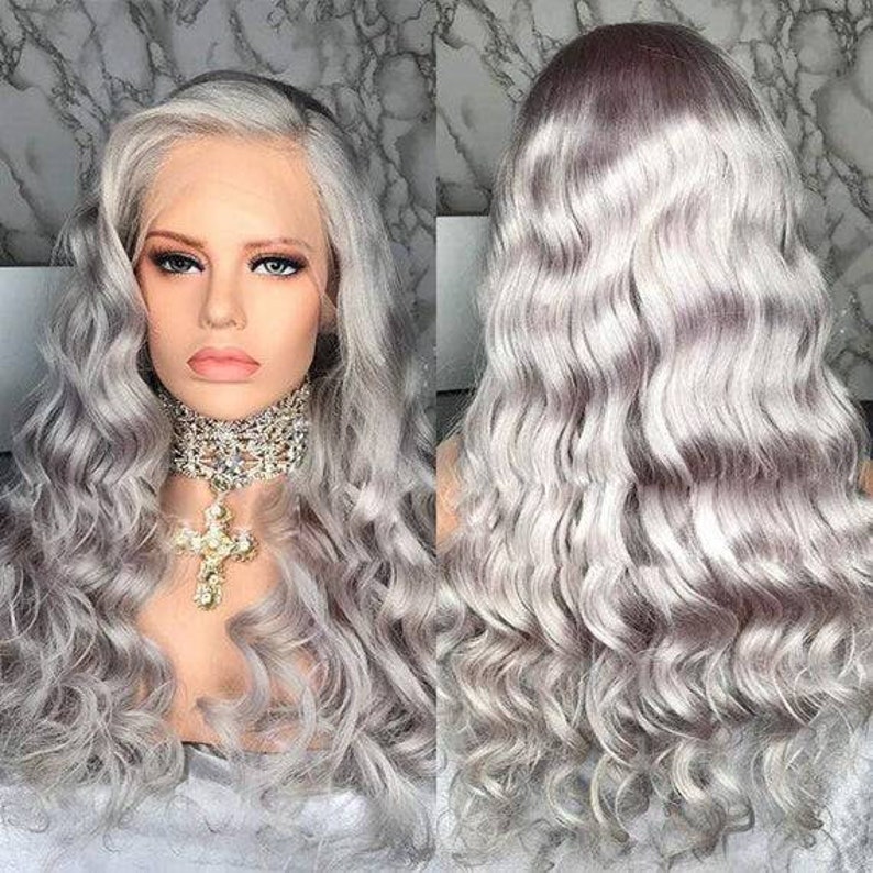 Silver Gray Human Hair Lace Front Wigs Graycurly Wavy Etsy 