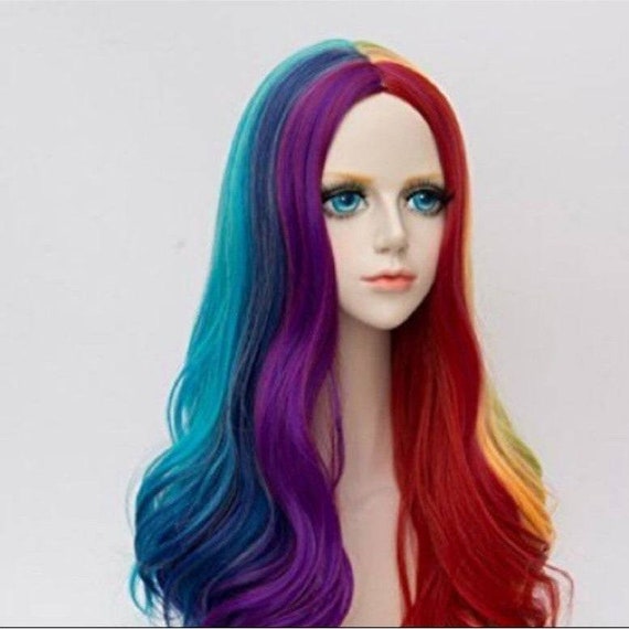 Colored Rainbow Heat Resistant Wig Unicorn Long Curly Wavy Etsy Uk