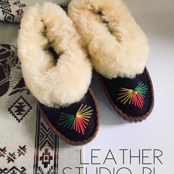 Sheepskin slippers winter slipper boots leather moccasins boots regional handmade shoes vintage gift