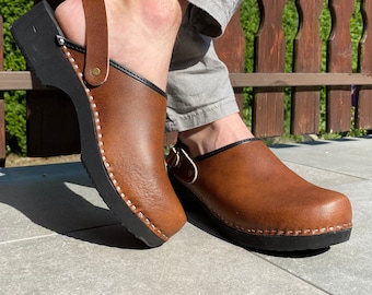 Swedish Clogs Sweden Low Wood Brown Leather / Wooden Clogs / Clog Mens / Clogs Boots Men's / Clogs Sandals