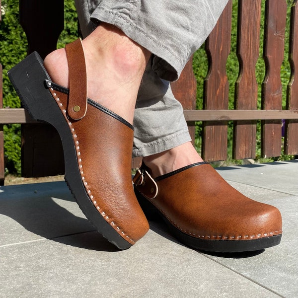 Swedish Clogs Sweden Low Wood Brown Leather / Wooden Clogs / Clog Mens / Clogs Boots Men's / Clogs Sandals