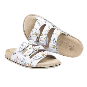 Sandálias femininas de couro com tiras, chinelos de couro natural, calçados de verão, tiras de couro, sandálias com tiras, flores coloridas