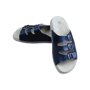 Sandali in pelle naturale blu navy, comode pantofole con cinturini per uomo, infradito in pelle da uomo