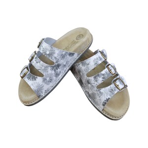 Sandálias femininas de couro com estampa de flores e tiras, chinelos de couro natural, calçados de verão, tiras de couro, sandálias com tiras coloridas