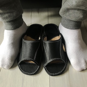 Chinelos de couro masculino, sandálias, chinelos, preto, couro genuíno, alta qualidade
