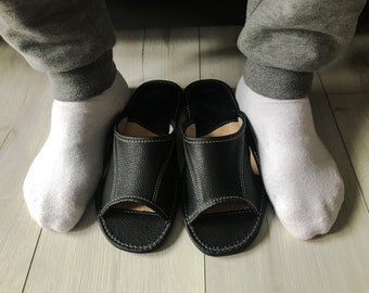 Men's Leather Slippers Shoes Sandals, Flip Flops, Black, Genuin Leather, High Quality