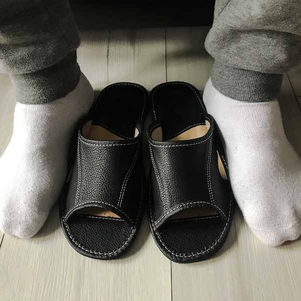 Men's Leather Slippers Shoes Sandals, Flip Flops, Black, Genuin Leather, High Quality