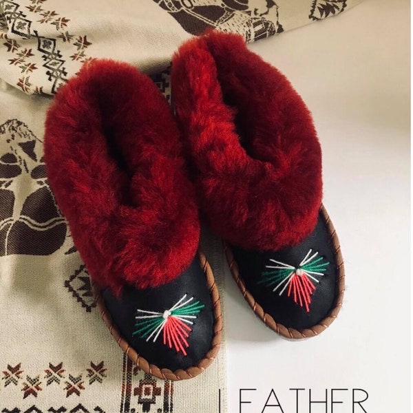 Sheepskin slippers winter slipper boots leather moccasins boots regional handmade shoes vintage gift