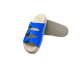 Women's Leather Blue Sandals with Straps Natural Leather Slippers Summer Footwear Leather Straps Strapped Sandals
