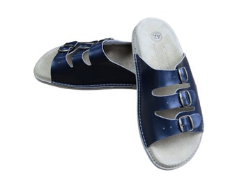 Women's Leather Blue Sandals with Straps Natural Leather Slippers Summer Footwear Leather Straps Strapped Sandals Navy Blue