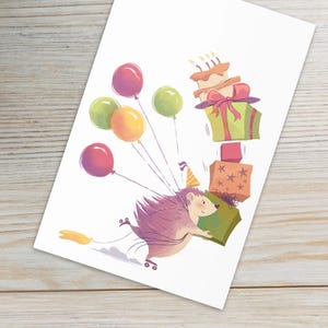 carte d'anniversaire de hérisson | Jolie carte de voeux 4 x 6 avec hérisson en patins à roulettes