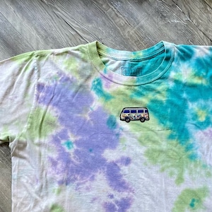 Restyled Hippie Van Crop Top, Size M, Tie Dye Embroidered Volkswagen Bus, Blue, Purple, & Green, Street Wear - Free Ship